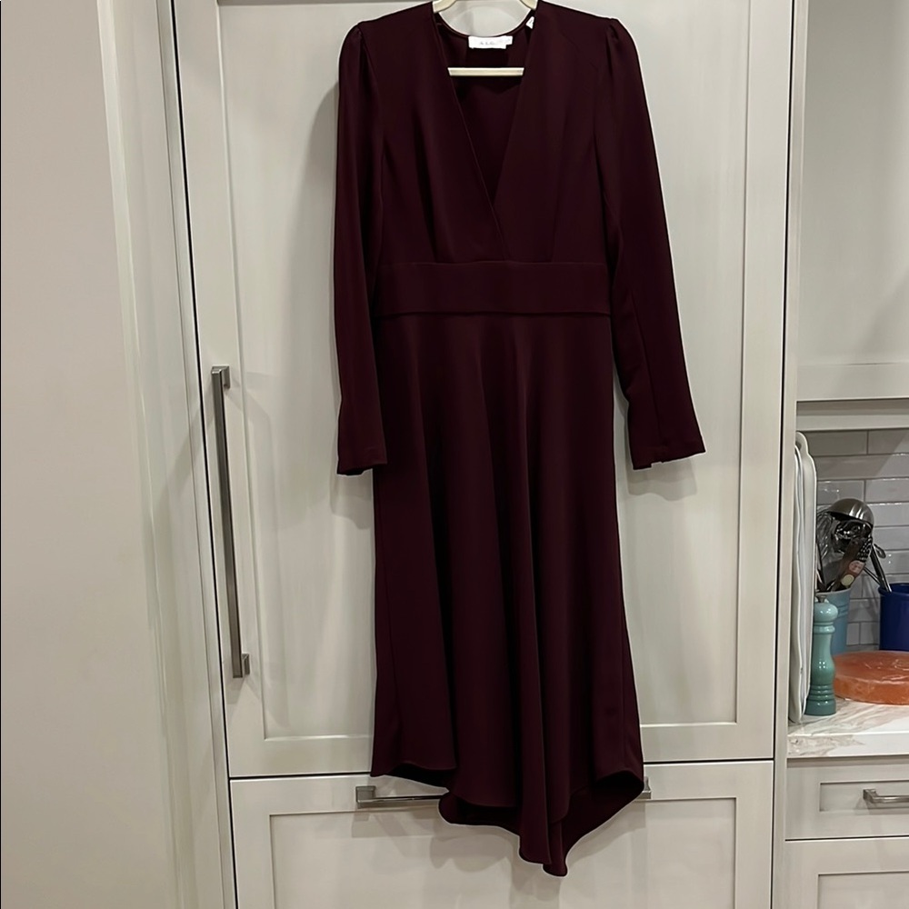 EUC ALC Loyola long sleeve plum fit and flare v neck dress with asymmetrical hem - Picture 3 of 12